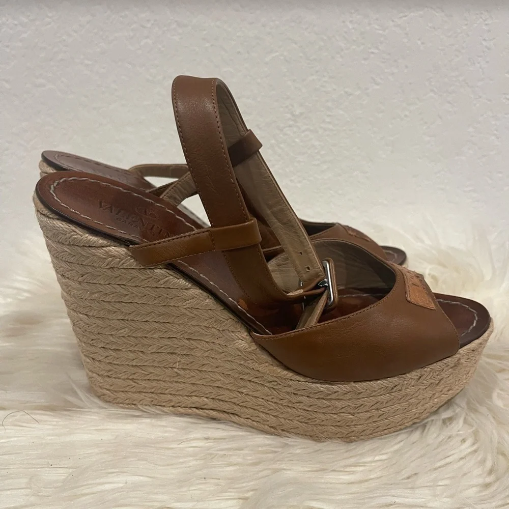 Valentino‎ Garavani Leather Espadrille Wedges Brown Bow Accents Wedge